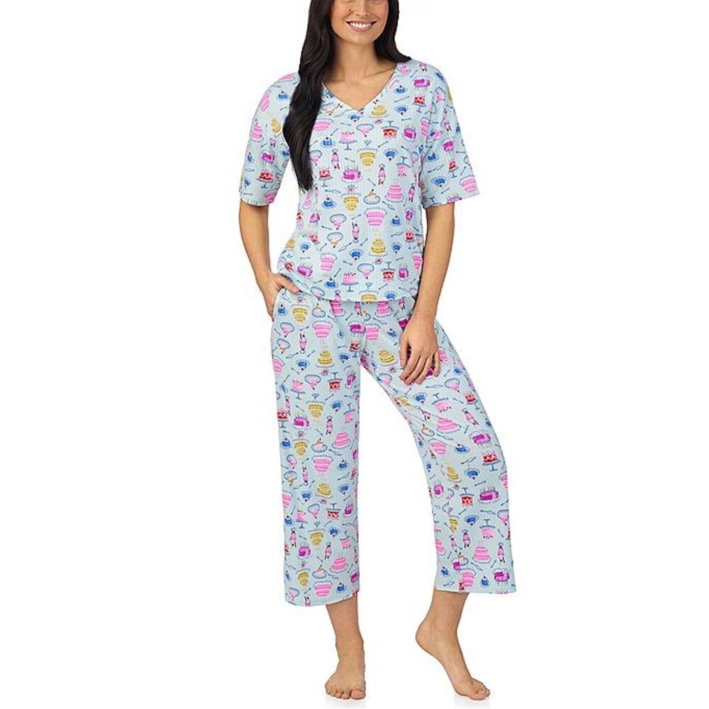 Cuddl Duds Pajama Set NEW V Neck Short Sleeve Capri Pant Set M Aqua Desserts